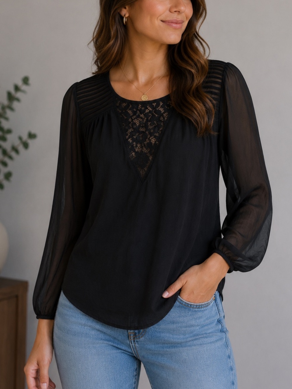 𝅺🌸3 for $30🌸 Lucky Brand Sheer Sleeve Blouse with Lace